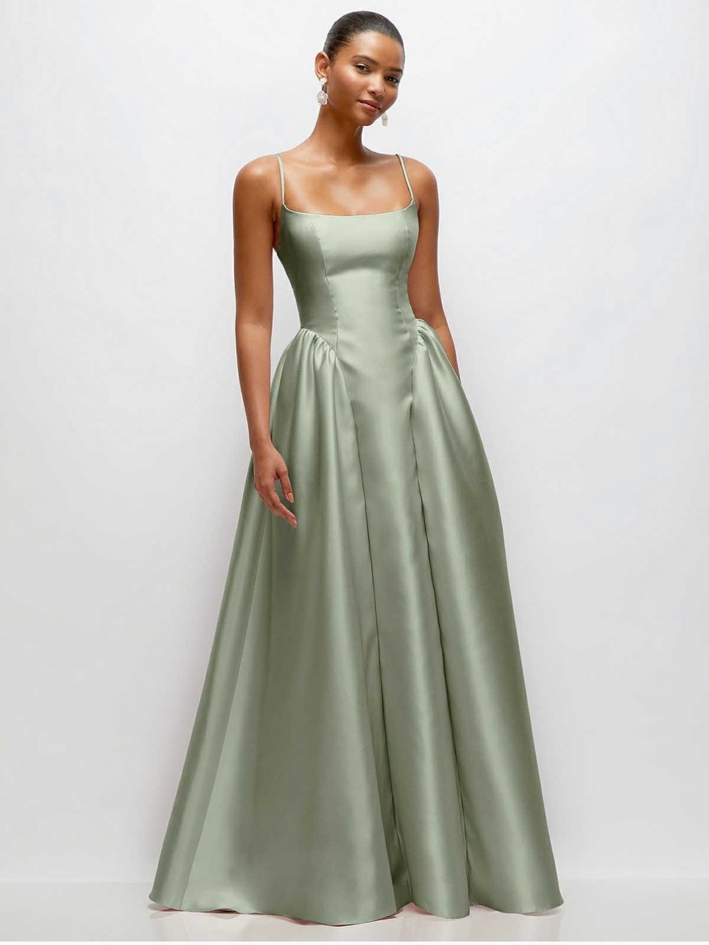Dessy Group Scoop Neck Drop Basque Skirt Satin Dress in Sage